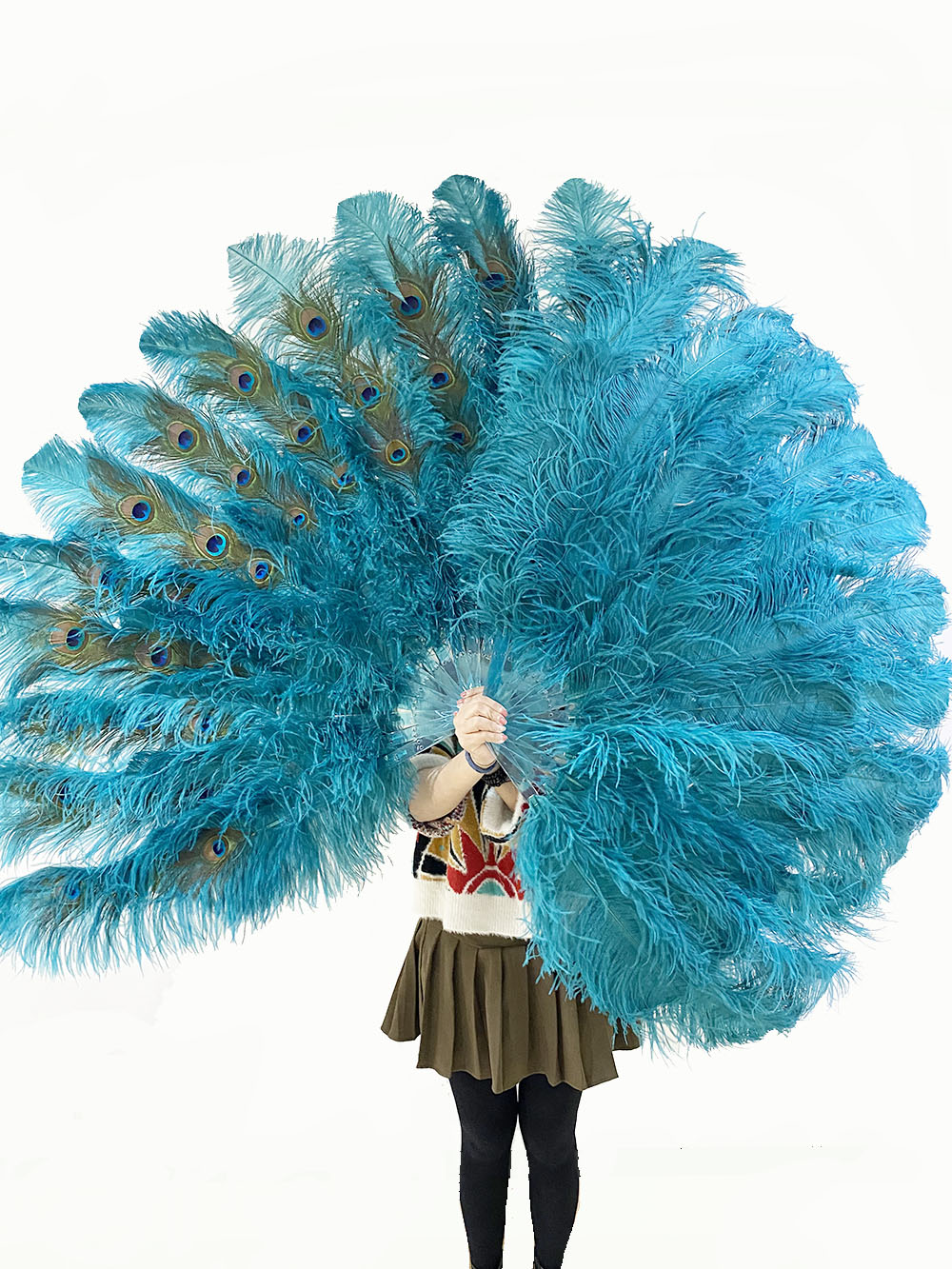 Teal XL 2 layers ostrich Feather Fan with Peacock Feathers 34''x 60'' with Travel leather Bag.