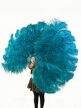 Load image into Gallery viewer, Teal XL 2 layers ostrich Feather Fan with Peacock Feathers 34''x 60'' with Travel leather Bag.
