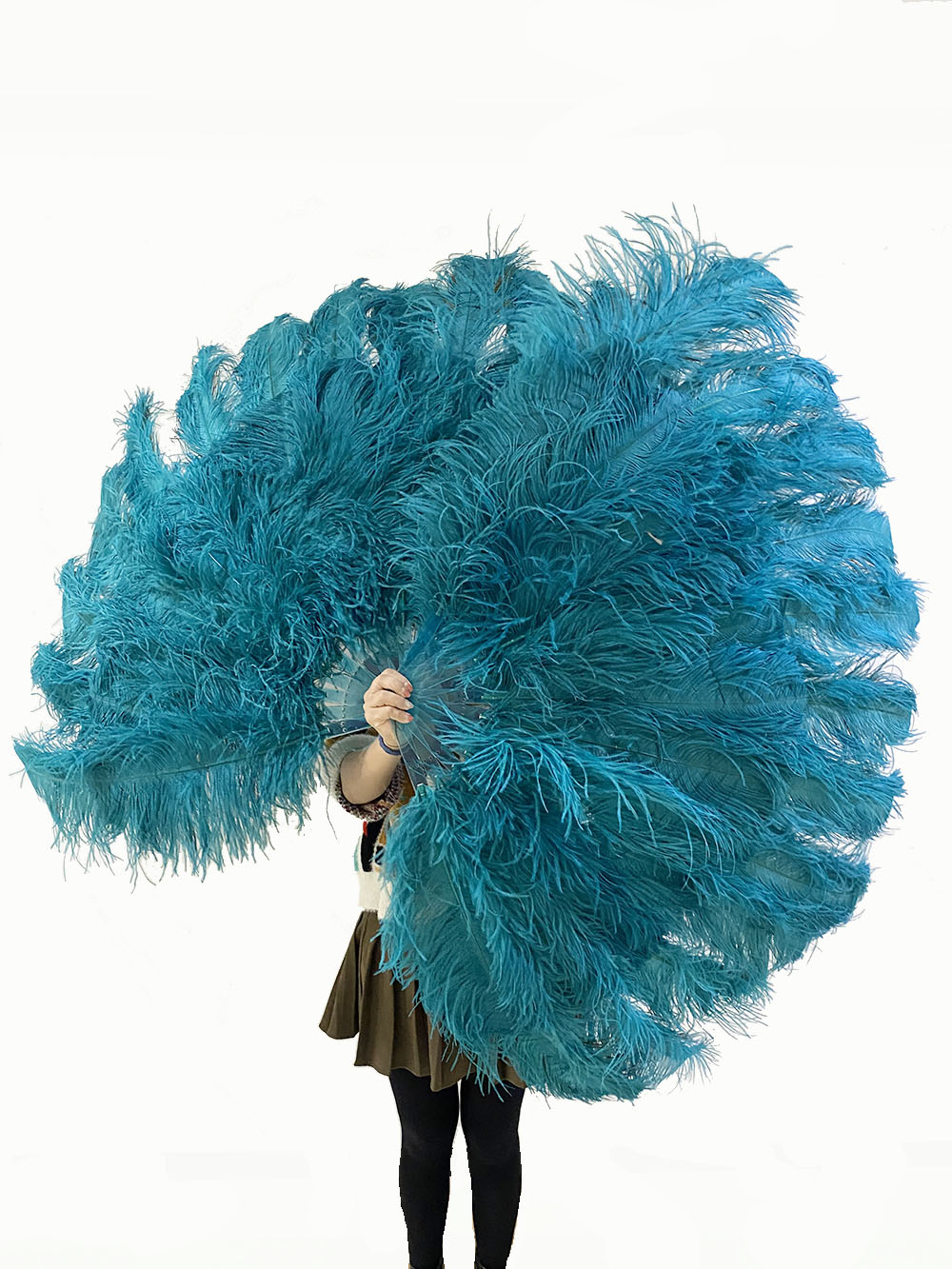 Teal XL 2 layers ostrich Feather Fan with Peacock Feathers 34''x 60'' with Travel leather Bag.