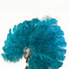 Teal XL 2 layers ostrich Feather Fan with Peacock Feathers 34''x 60'' with Travel leather Bag.
