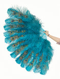 Load image into Gallery viewer, Teal XL 2 layers ostrich Feather Fan with Peacock Feathers 34''x 60'' with Travel leather Bag.
