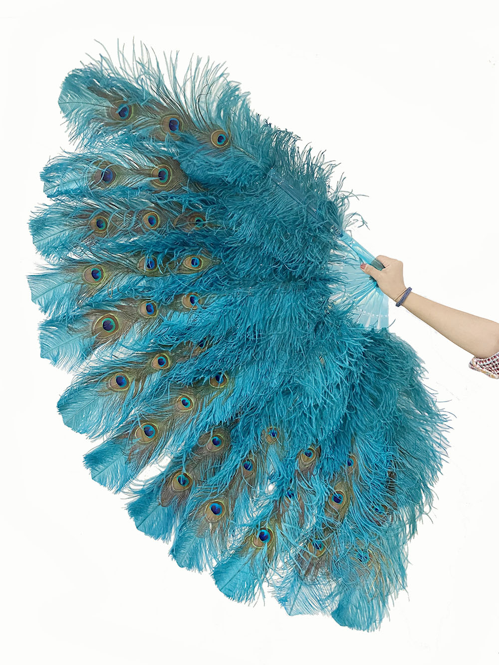 Teal XL 2 layers ostrich Feather Fan with Peacock Feathers 34''x 60'' with Travel leather Bag.