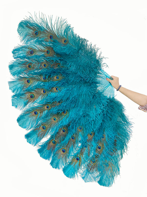 Abanico de plumas de avestruz de 2 capas Teal XL con plumas de pavo real de 34&#39;&#39;x 60&#39;&#39; con bolsa de cuero de viaje.
