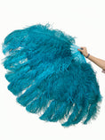 Load image into Gallery viewer, Teal XL 2 layers ostrich Feather Fan with Peacock Feathers 34''x 60'' with Travel leather Bag.
