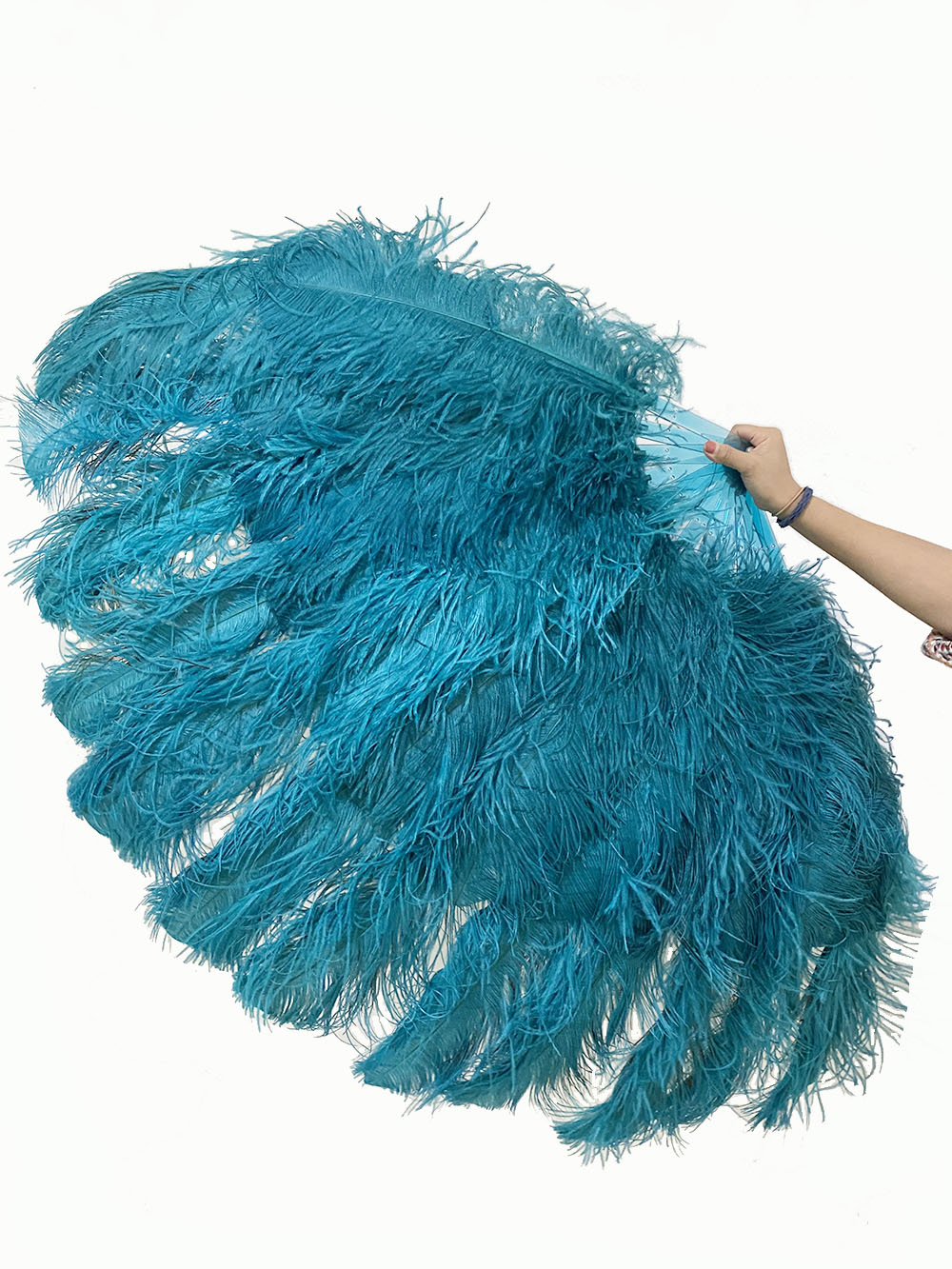 Teal XL 2 layers ostrich Feather Fan with Peacock Feathers 34''x 60'' with Travel leather Bag.