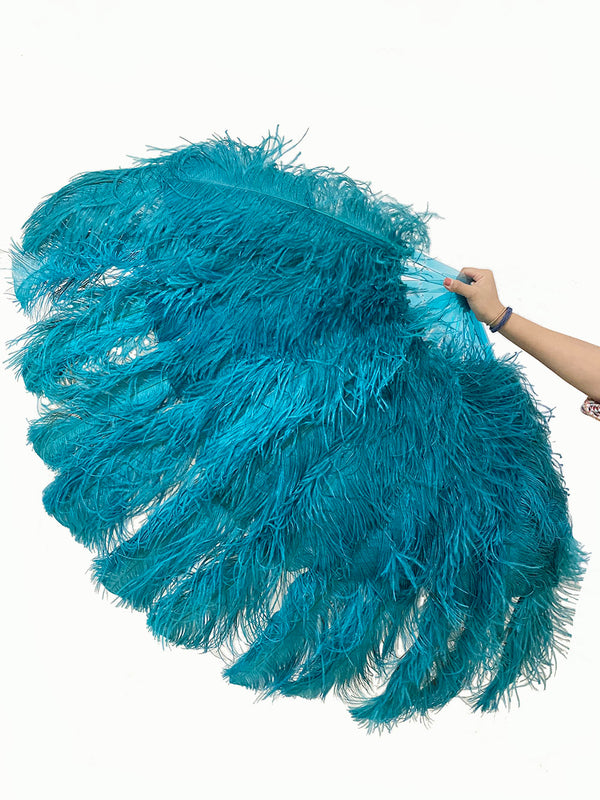 Abanico de plumas de avestruz de 2 capas Teal XL con plumas de pavo real de 34&#39;&#39;x 60&#39;&#39; con bolsa de cuero de viaje.