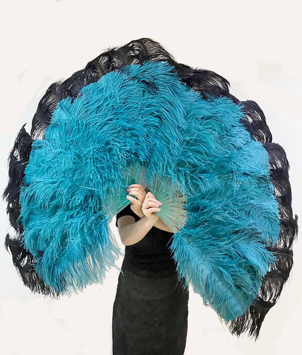 Abanico de plumas de avestruz XL de 2 capas, color verde azulado y negro, de 34&#39;&#39;x 60&#39;&#39; con bolsa de viaje de cuero.