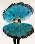 Load image into Gallery viewer, Mix teal & black XL 2 Layer Ostrich Feather Fan 34''x 60'' with Travel leather Bag.
