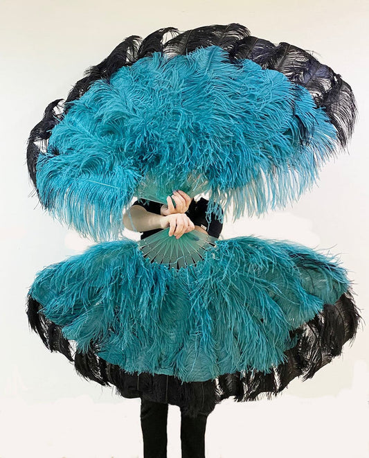 Mix teal & black XL 2 Layer Ostrich Feather Fan 34''x 60'' with Travel leather Bag.