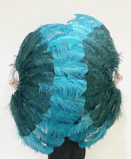 Mix Teal & forest green XL 2 Layer Ostrich Feather Fan 34''x 60'' with Travel leather Bag.