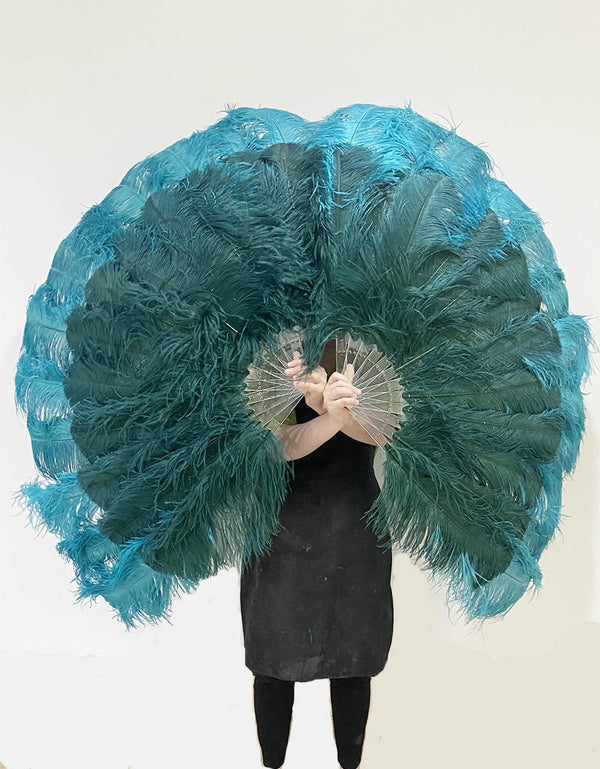 Mix Teal & forest green XL 2 Layer Ostrich Feather Fan 34''x 60'' with Travel leather Bag.