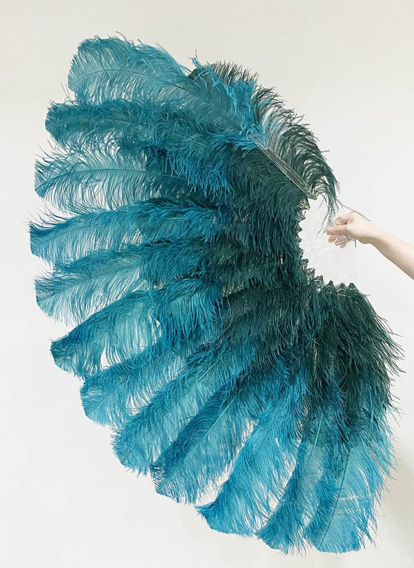 Mix Teal & forest green XL 2 Layer Ostrich Feather Fan 34''x 60'' with Travel leather Bag.