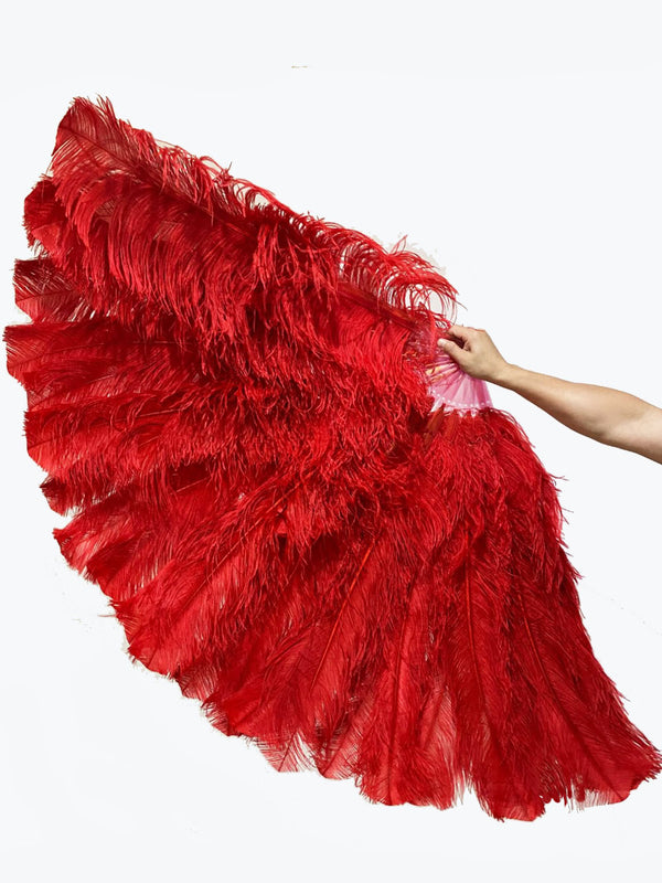 Red 3 Layers Ostrich Feather Fan Opened 65