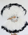 Load image into Gallery viewer, A pair white tips dye black Single layer Ostrich Feather fan 24"x 41" with leather travel Bag.
