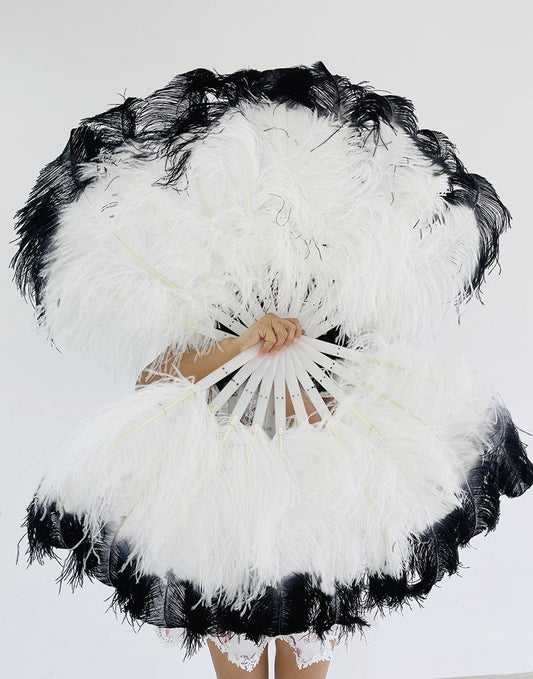 A pair white tips dye black Single layer Ostrich Feather fan 24"x 41" with leather travel Bag.