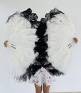 Load image into Gallery viewer, A pair white tips dye black Single layer Ostrich Feather fan 24"x 41" with leather travel Bag.
