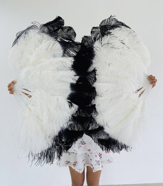 A pair white tips dye black Single layer Ostrich Feather fan 24"x 41" with leather travel Bag.