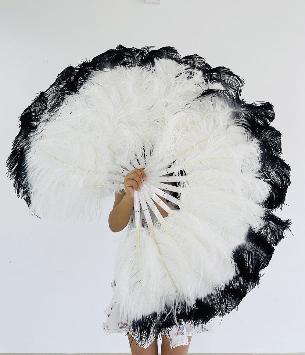 A pair white tips dye black Single layer Ostrich Feather fan 24"x 41" with leather travel Bag.