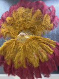 Load image into Gallery viewer, Mix Burgundy & topaz XL 2 Layer Ostrich Feather Fan 34''x 60'' with Travel leather Bag.
