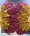 Load image into Gallery viewer, Mix Burgundy & topaz XL 2 Layer Ostrich Feather Fan 34''x 60'' with Travel leather Bag.
