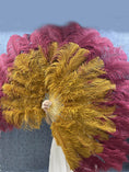 Load image into Gallery viewer, Mix Burgundy & topaz XL 2 Layer Ostrich Feather Fan 34''x 60'' with Travel leather Bag.
