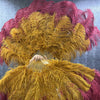 Abanico de plumas de avestruz XL de 2 capas, color burdeos y topacio, de 34&#39;&#39;x 60&#39;&#39; con bolsa de viaje de cuero.