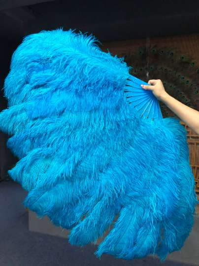 XL 2 Layers turquoise Ostrich Feather Fan 34''x 60'' with Travel leather Bag.