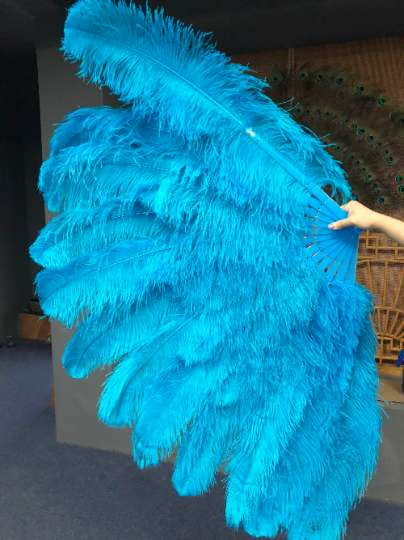 XL 2 Layers turquoise Ostrich Feather Fan 34''x 60'' with Travel leather Bag.