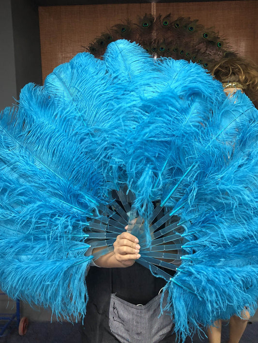 A pair turquoise Single layer Ostrich Feather fan 24"x 41" with leather travel Bag.