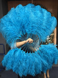 Load image into Gallery viewer, A pair turquoise Single layer Ostrich Feather fan 24"x 41" with leather travel Bag.
