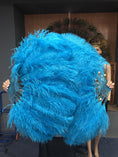 Load image into Gallery viewer, A pair turquoise Single layer Ostrich Feather fan 24"x 41" with leather travel Bag.
