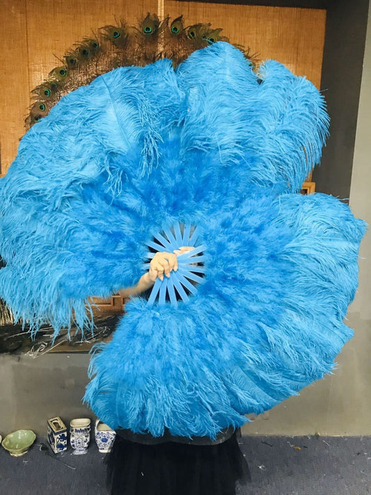 turquoise Ostrich & Marabou Feathers fan 27"x 53" with Travel leather Bag.