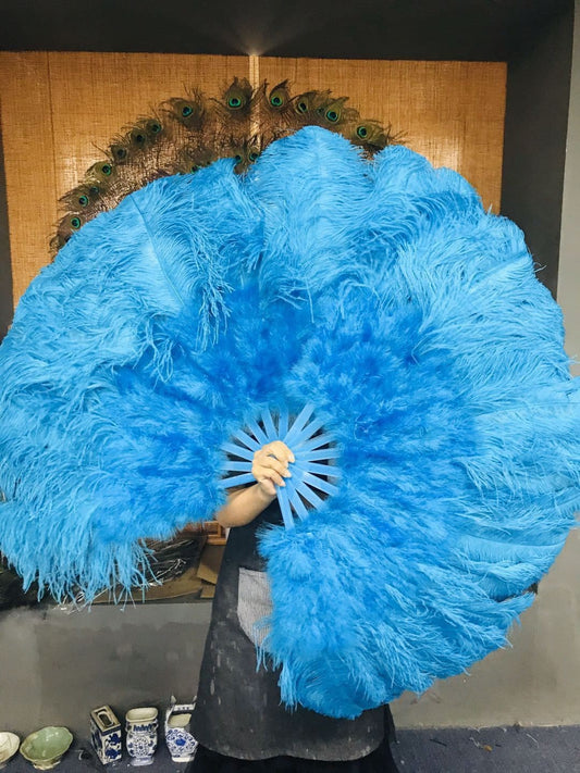 turquoise Ostrich & Marabou Feathers fan 27"x 53" with Travel leather Bag.