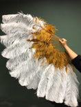 Load image into Gallery viewer, Mix topaz & white XL 2 Layer Ostrich Feather Fan 34''x 60'' with Travel leather Bag.
