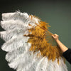 Abanico de plumas de avestruz XL de 2 capas, color topacio y blanco, de 34&#39;&#39;x 60&#39;&#39; con bolsa de viaje de cuero.