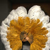 Abanico de plumas de avestruz XL de 2 capas, color topacio y blanco, de 34&#39;&#39;x 60&#39;&#39; con bolsa de viaje de cuero.