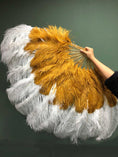 Load image into Gallery viewer, Mix topaz & white XL 2 Layer Ostrich Feather Fan 34''x 60'' with Travel leather Bag.
