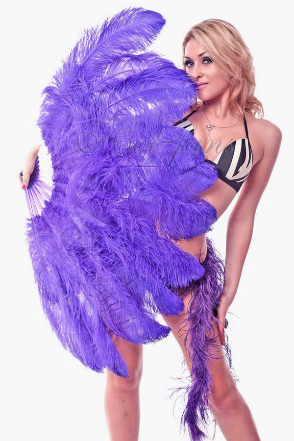 Abanico de plumas de avestruz violeta de 2 capas de 30&quot;x 54&quot; con bolsa de viaje de cuero.