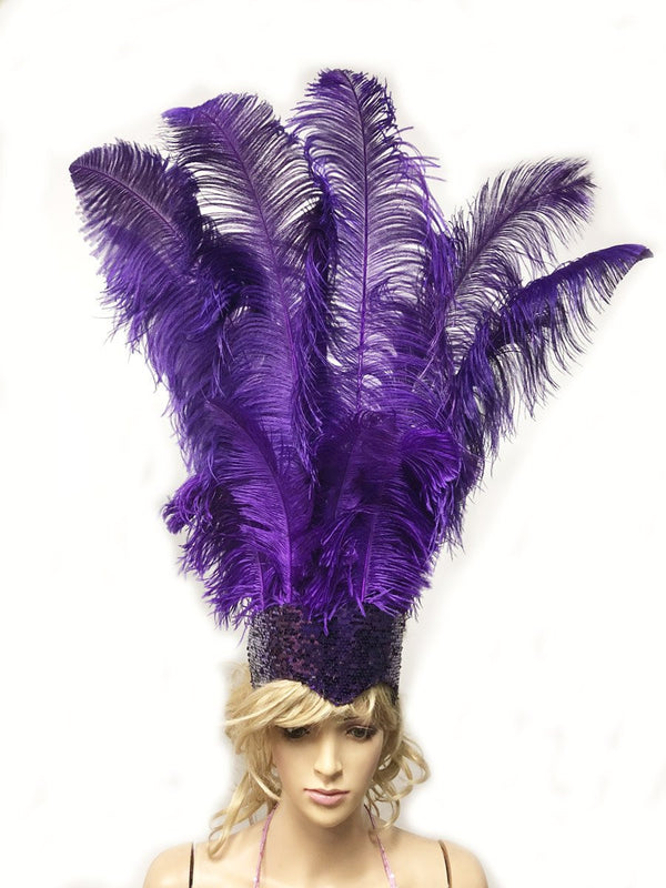 バイオレットのショーガール オープンフェイス ダチョウの羽の頭飾り。