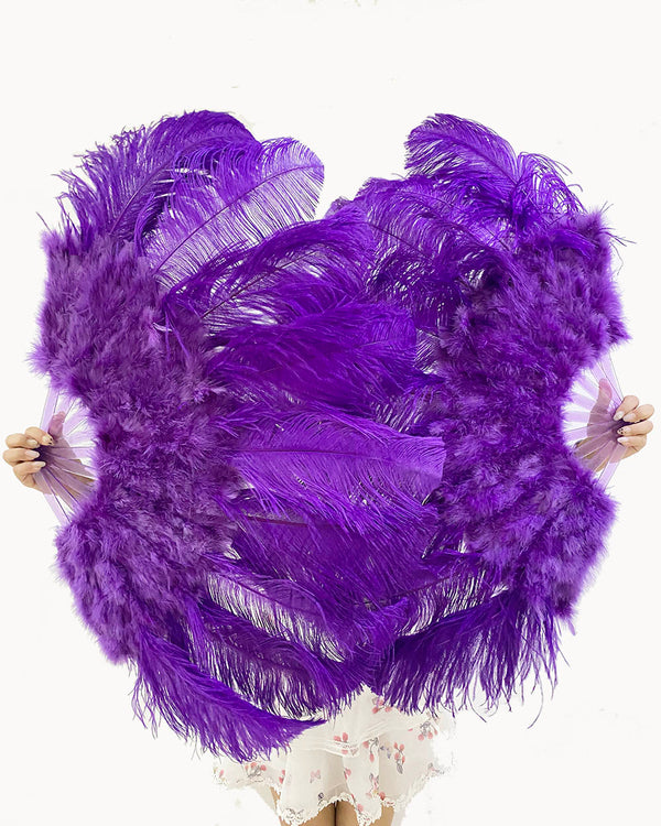 Abanico de plumas de avestruz de marabú violeta 24&quot;x 43&quot; con bolsa de viaje de cuero.