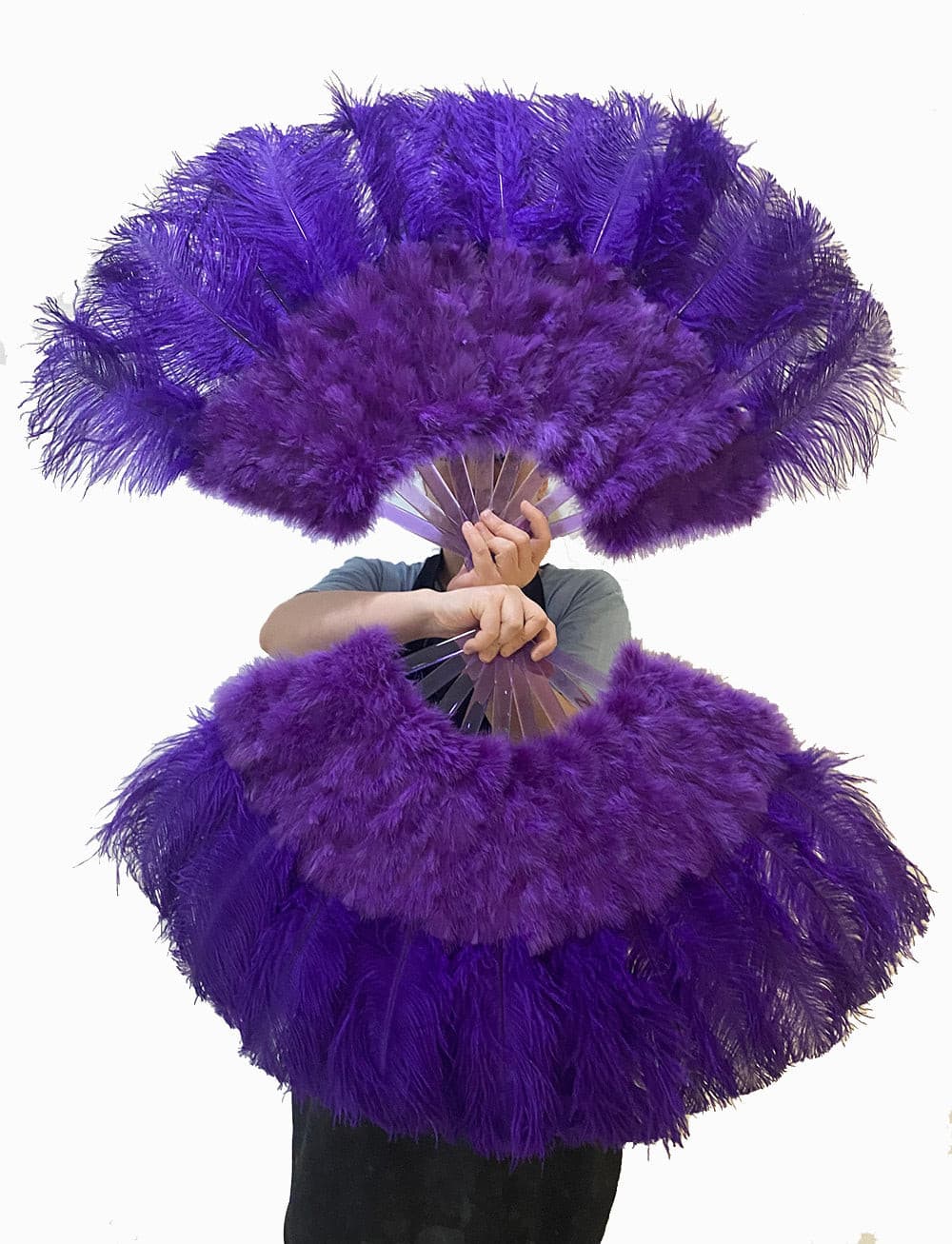 violet Marabou Ostrich Feather fan 21"x 38" with Travel leather Bag.