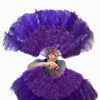 Abanico de plumas de avestruz de marabú violeta 21&quot;x 38&quot; con bolsa de viaje de cuero.
