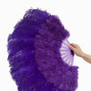Abanico de plumas de avestruz de marabú violeta 21&quot;x 38&quot; con bolsa de viaje de cuero.