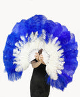 Load image into Gallery viewer, Mix royal blue & white 2 Layers Ostrich Feather Fan 30''x 54'' with Travel leather Bag.
