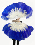 Load image into Gallery viewer, Mix royal blue & white 2 Layers Ostrich Feather Fan 30''x 54'' with Travel leather Bag.
