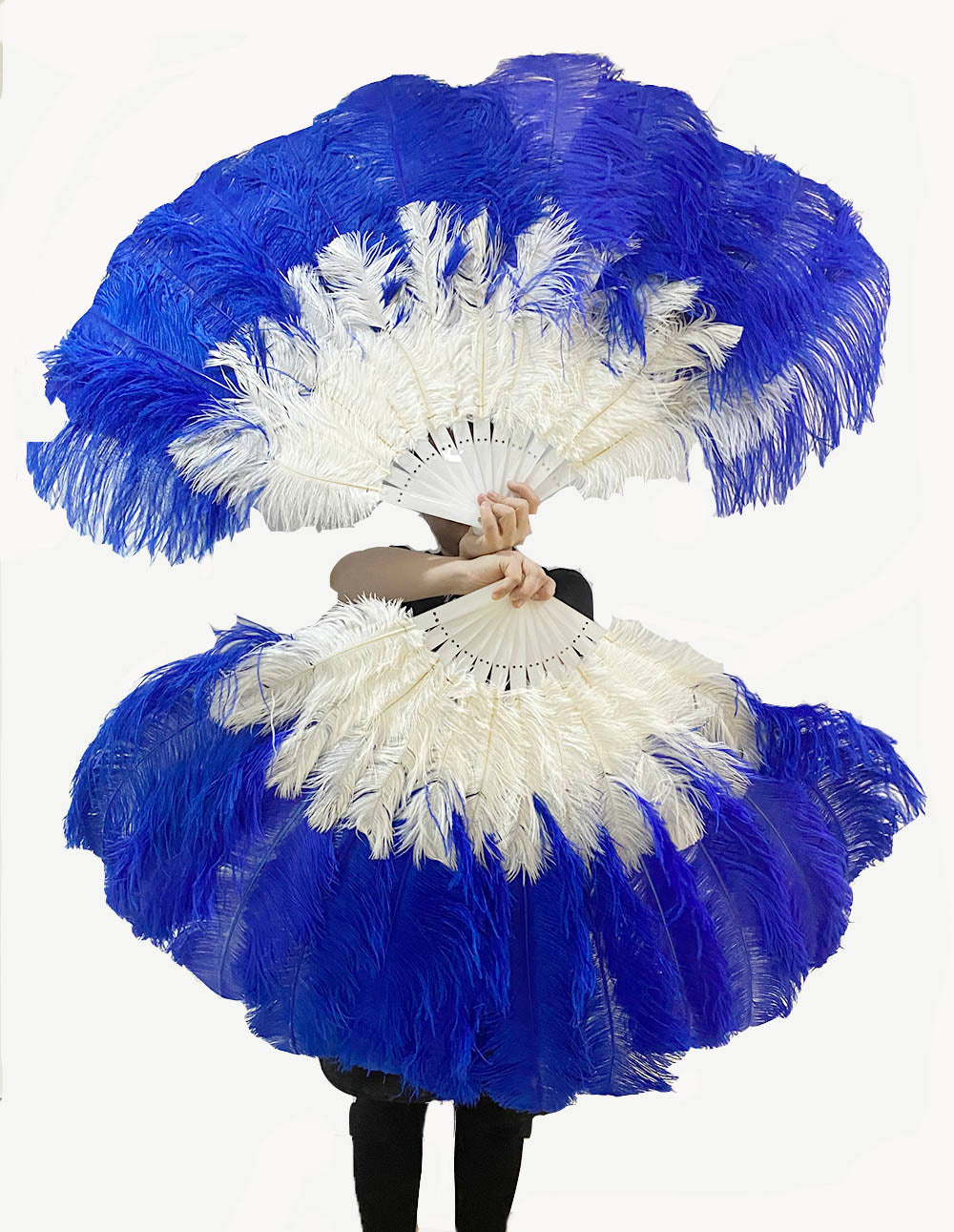 Mix royal blue & white 2 Layers Ostrich Feather Fan 30''x 54'' with Travel leather Bag.