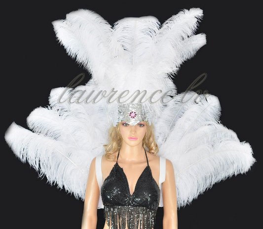 white Ostrich Feather Open Face Headdress & backpiece Set.