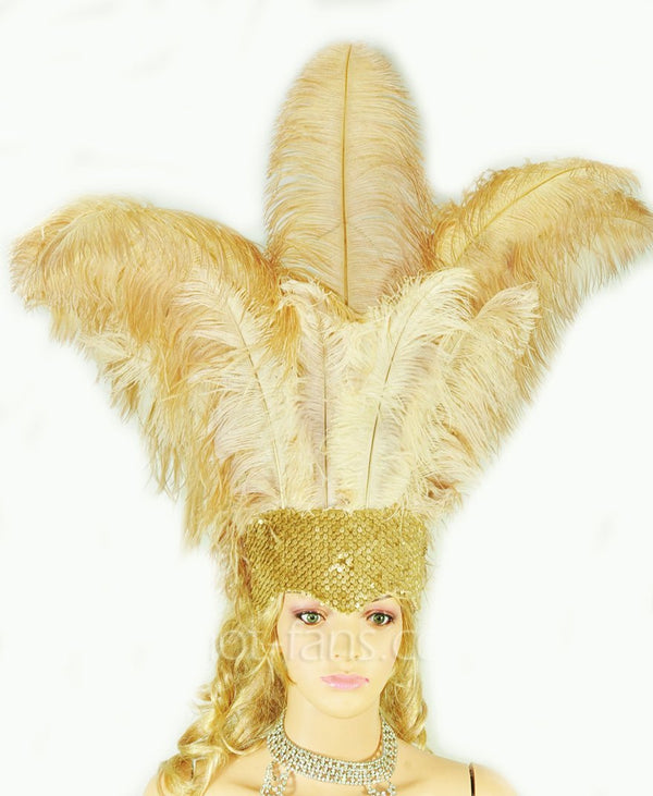 Wheat Showgirl Kopfschmuck aus Straußenfedern mit offenem Gesicht.