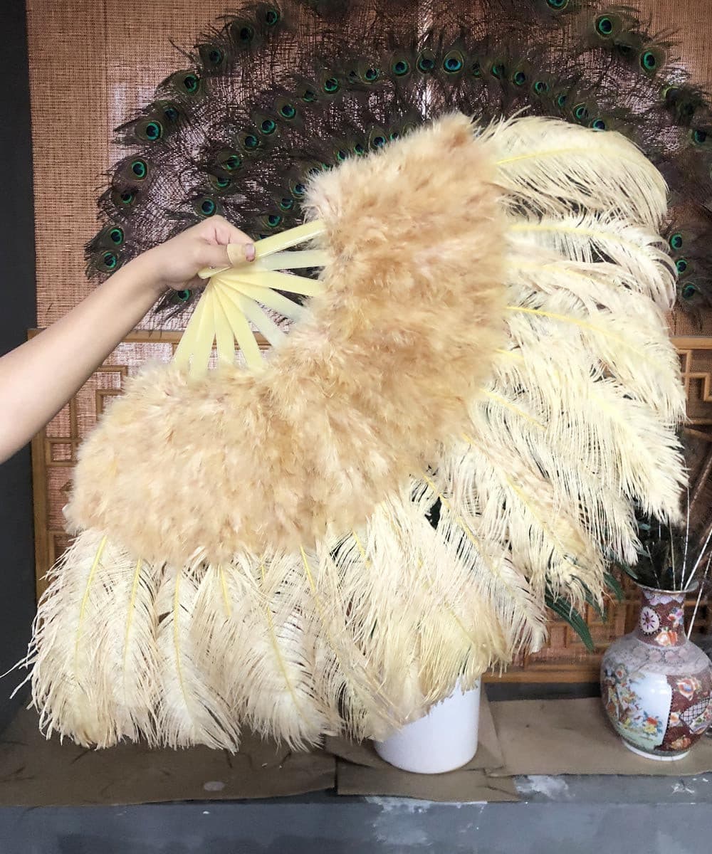 wheat Marabou Ostrich Feather fan 21"x 38" with Travel leather Bag.