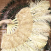 Abanico de pluma de avestruz de marabú de trigo 21 "x 38" con bolsa de viaje de cuero.
